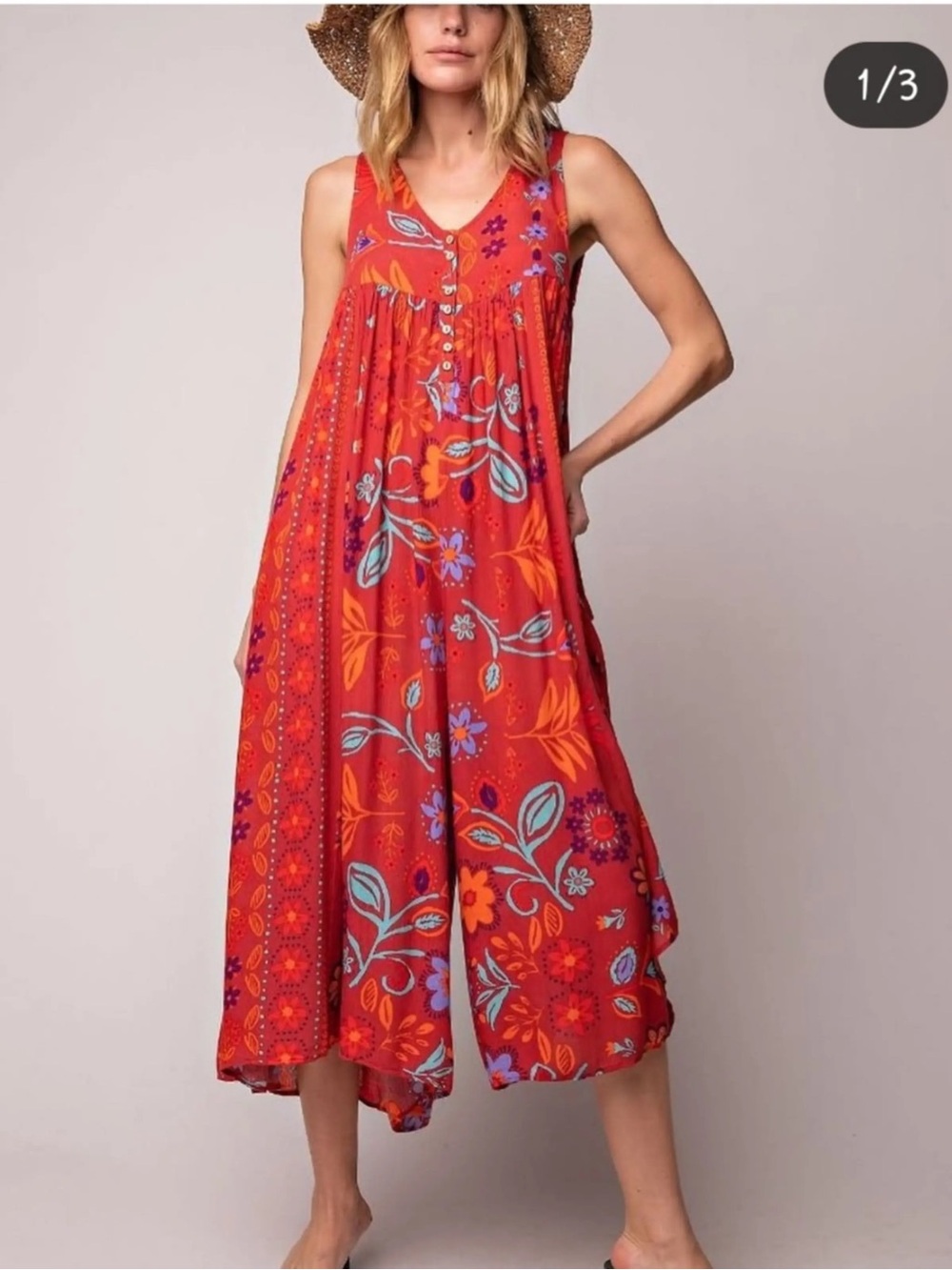 Red Easel sleeveless Henley Romper